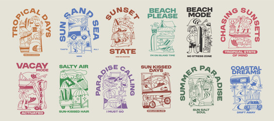 Obraz premium Summer Paradise Beach T shirt Design. Beach Quotes, Outdoor, Vacation, Holiday. Cartoon Vector Illustration. Palm Beach Graphic Tee for Print.