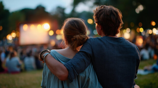 Back view silhouettes of two figures arms around each other watching a bright softly defocused outdoor cinema screen glowing in a summer night meadow outdoor cinema summer movie