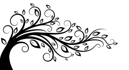 Fototapeta premium Abstract Swirling Tree Silhouette with Leaves - Black and White Vector Art