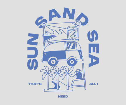 Summer Paradise Beach T shirt Design. Beach Quotes, Outdoor, Vacation, Holiday. Cartoon Vector Illustration. Palm Beach Graphic Tee for Print. Sun Sand Sea