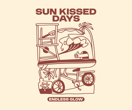 Summer Paradise Beach T shirt Design. Beach Quotes, Outdoor, Vacation, Holiday. Cartoon Vector Illustration. Palm Beach Graphic Tee for Print. Sun Kissed Days