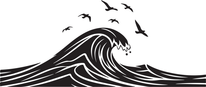 Black wave, ocean wave, sea wave, vector wave, birds flying