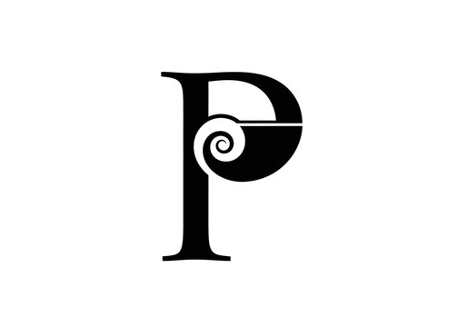 Black serif letter P with spiral logo on white background