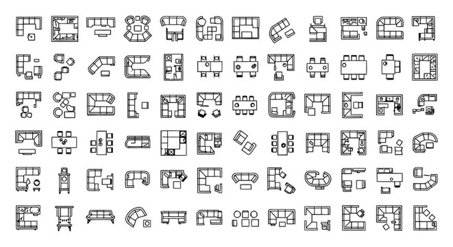 top-down view of various sectional and modular furniture arrangements interior design cad blocks