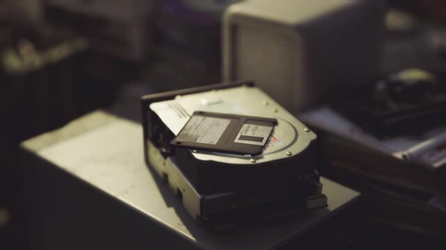 Disk drive on cluttered workbench with tools and soldering iron, warm shadowed atmosphere, DIY restoration vibe, scattered components and sticky notes