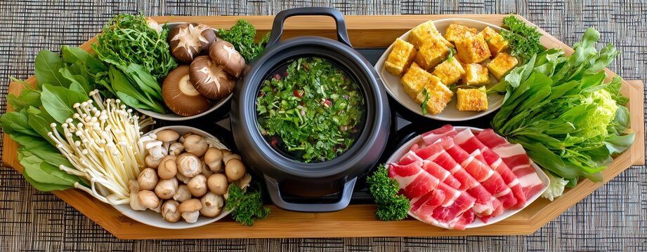 Premium Asian Hot Pot Feast With Fresh Vegetables Mushrooms Thin Sliced Pork Tofu And Herbal Broth Traditional Healthy Communal Dining Experience