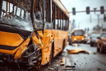 Fototapeta premium Bus vehicle wreckage in urban city environment
