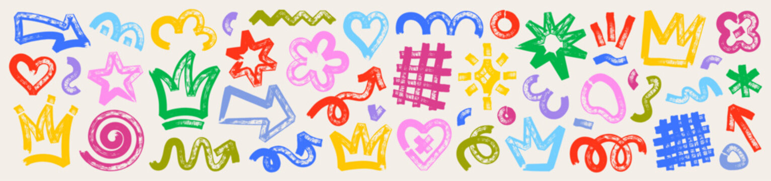 Marker doodle set with arrows, crowns, stars, squiggle, grid and swirls. Hand drawn bold shapes with rough textured lines in grunge style. Collection of playful scribbles and graphic symbols.