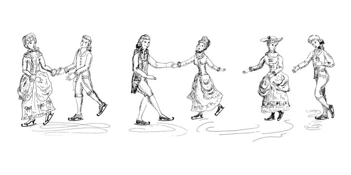 Ladies and gentlemen skate a gallant dance on ice.