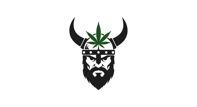 Viking warrior head mascot wearing helmet with marijuana leaf