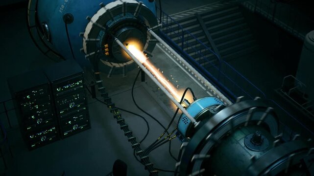 Glowing core assembly inside research hall, cylindrical module with bright plasma line, heavy mechanical mounts and tethered cables, atmospheric shadows