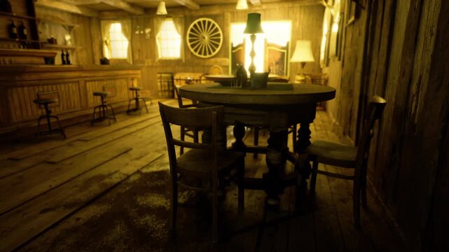 Empty after hours bar with cleaned table and leftover bottle, soft amber light, silent floorboards, hint of bartender activity just finished shift