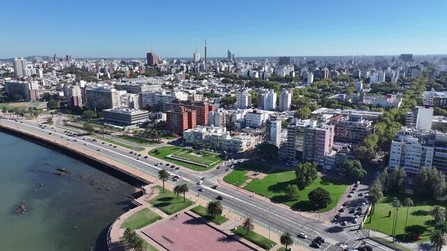 Montevideo Skyline In Maldonado Uruguay. Beach Landscape. Downtown District. Travel Destination. Montevideo Skyline At Montevideo In Maldonado Uruguay. Nature Seascape.