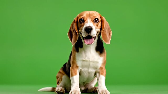 Beagle Dog Sitting and Offering Paw on Green Screen Background.
