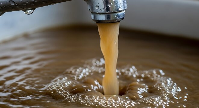 Dirty, sediment-filled water pouring from a metal faucet into a murky pool