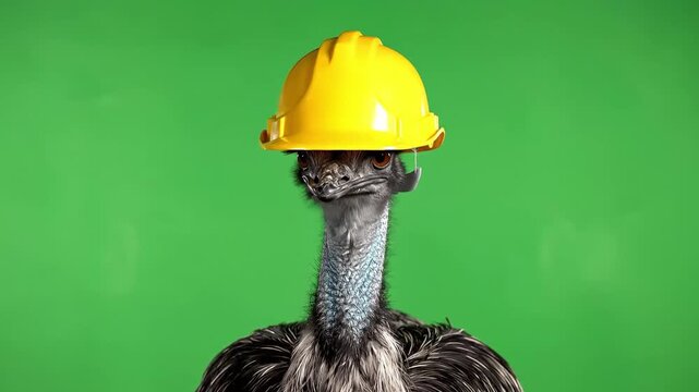 Funny ostrich bird wearing a yellow construction hard hat against a vibrant green background.