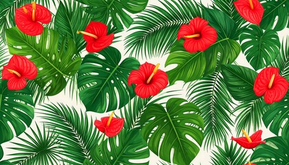 Vivid tropical pattern with red flowers, lush green palm and monstera leaves on a light background © Hidup