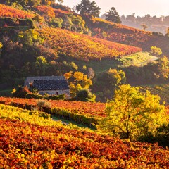 Obraz premium Vineyard landscape with a stone house nestled between colorful foliage on a hill in warm light at sunrise