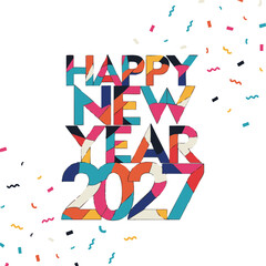 Obraz premium Happy New Year 2027. Vector illustration of a paper cut holiday with sparkling confetti particles. A festive event banner. Decoration elements for poster or cover designs.