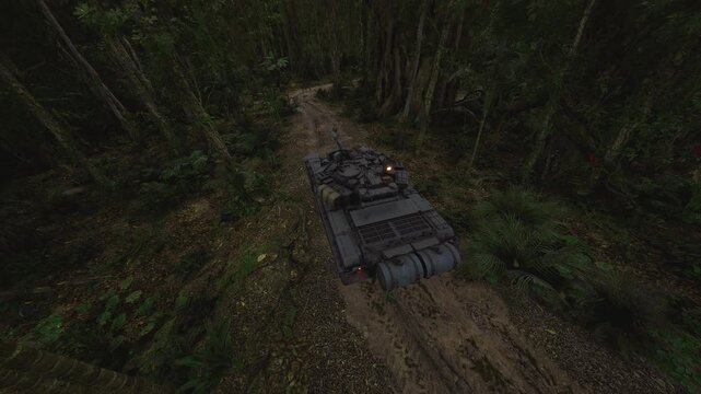 Overhead shot of tank winding path through dense trees, compact hull framed by branches, wet ground and skid marks, muted greens and brown terrain with implied