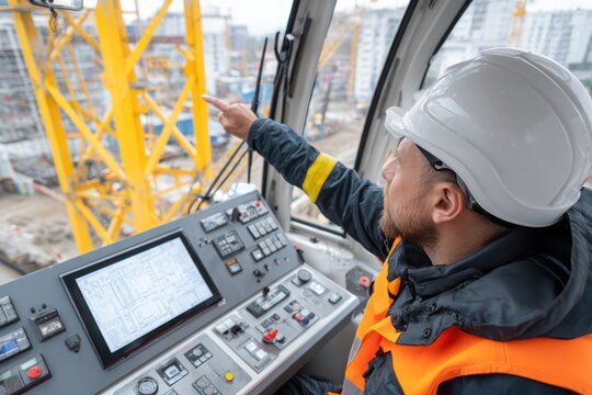Crane driver inside cabin with mockup display monitor