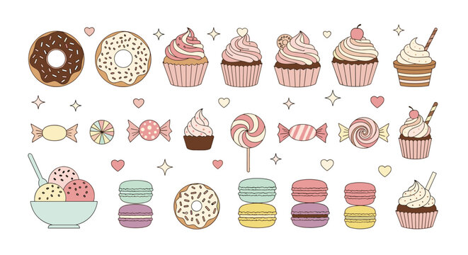 Dessert icons set: cupcakes, candy, donuts, sweets, colorful flat illustration