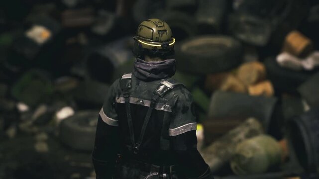 Firefighter amid collapsed rubble pile, executing training drill with ropes and harness, dustfilled air and tense focus on simulated casualty recovery.