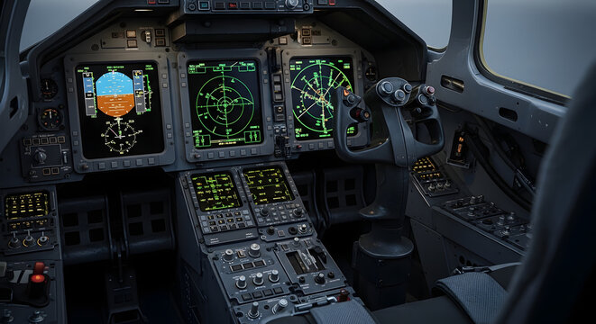 Cockpit of modern airplane with control panels and instruments  