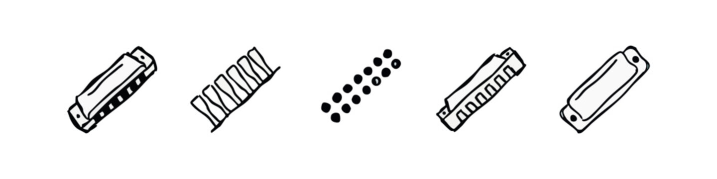 Hand Drawn Harmonica Musical Instrument Icons Set with Parts and Angles
