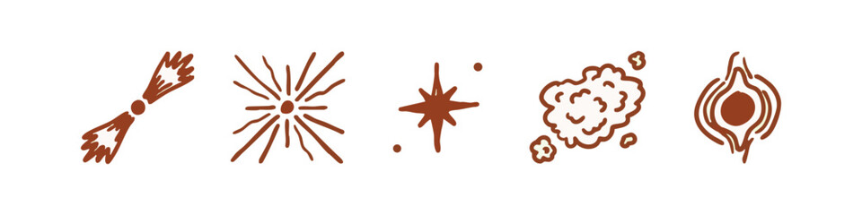 Hand drawn cosmic and astronomical elements in brown featuring stars, comet, explosion and nebula icons. © liubomir118809