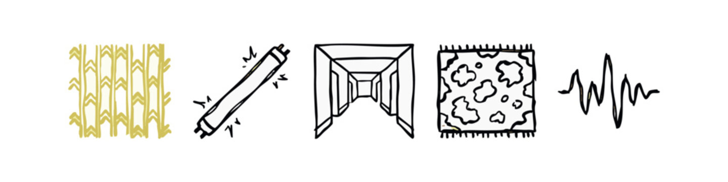Sketchy hand drawn liminal space icons set inspired by the backrooms with yellow wallpaper, tube light and hallways.