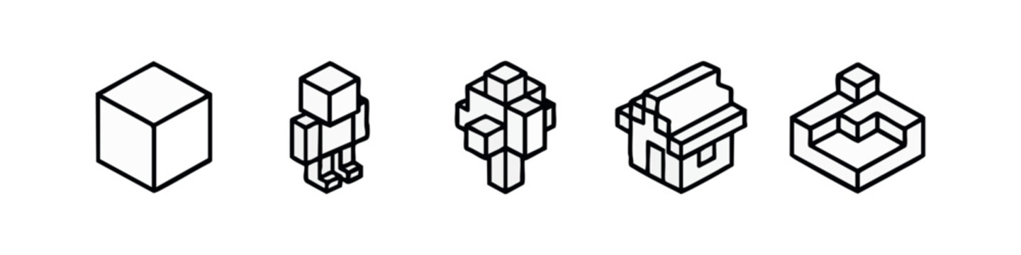 Clean line art voxel icons set with 3d blocky designs for cube, avatar, tree, building and world terrain elements.