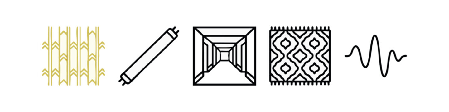 Minimalist outline icons for liminal space themes featuring hallway perspective, fluorescent light and geometric patterns.