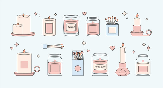 Collection of charming scented candles and matches in a minimalist illustration style