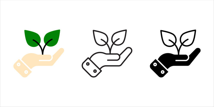 Hand holding a small growing plant icon set with outline, solid, and colorful styles for sustainability concept.