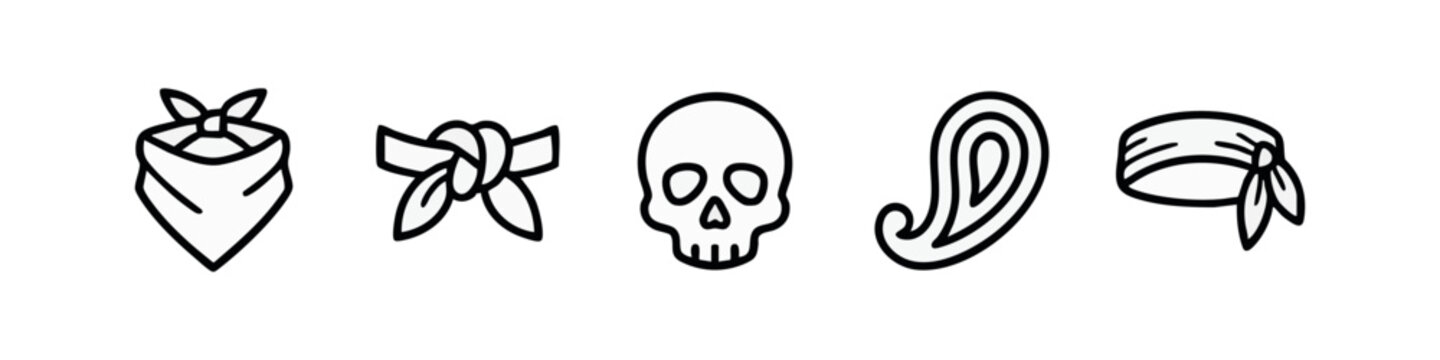 Bandana and Fashion Headwear Line Icons - Skull, Paisley, Scarf Knot