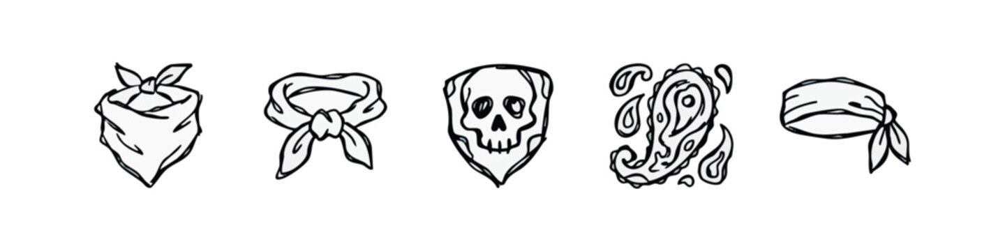 Bandana and Fashion Accessory Sketch Icons - Skull, Paisley, Headband