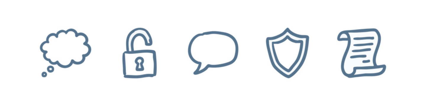 Communication and Security Sketch Icons - Thought Bubble, Lock, Shield, Scroll