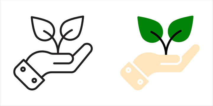 Minimalist vector icon of a human hand holding a small green sprout for environmental sustainability and growth concepts.