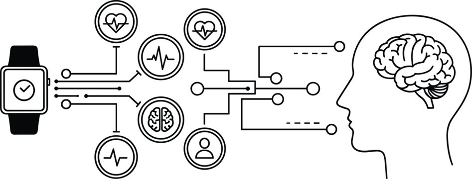 Smart Watch Wearable Technology Monitoring Health Data and Brain Activity for Medical Research and Digital Healthcare Wellness Illustration with Connection Icons