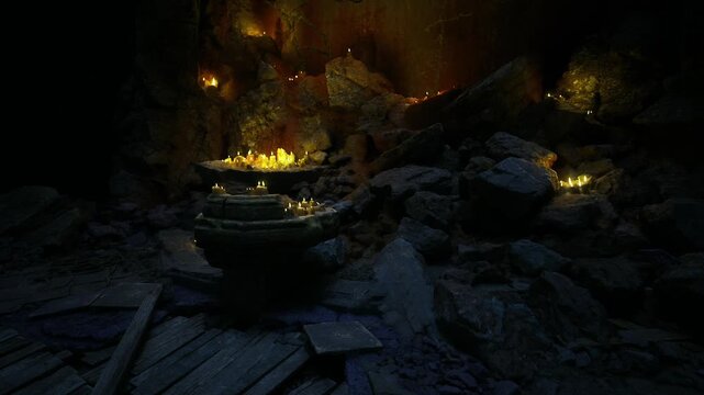 Warm memorial candles on altar, intimate vigil scene inside damp grotto with wax pools, lantern glow, and reflective stone offering space evoking remembrance