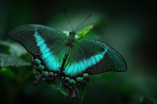 Emerald swallowtail papilio palinurus perched leaf
