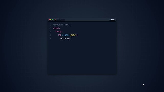 Hello world code on dark screen with neon glow programming concept