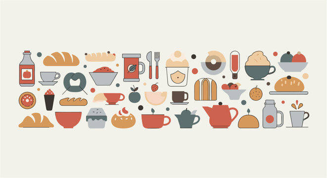 Collection of stylized food and drink icons in a horizontal banner format