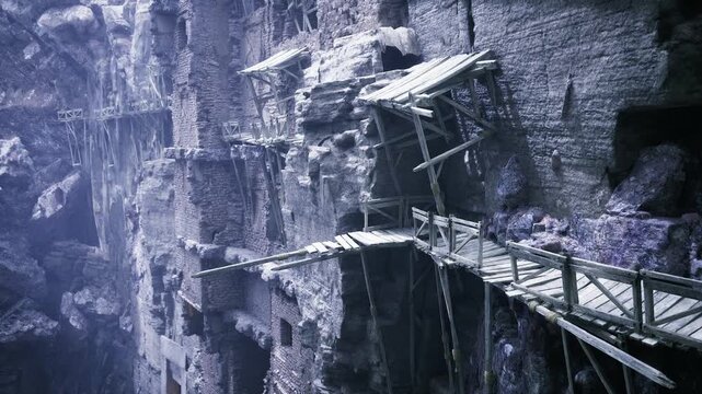 Misty purple bridges winding through deep gorge, ethereal twilight glow, suspended planks and ropes, dreamy otherworldly mood with soft haze and luminous tones