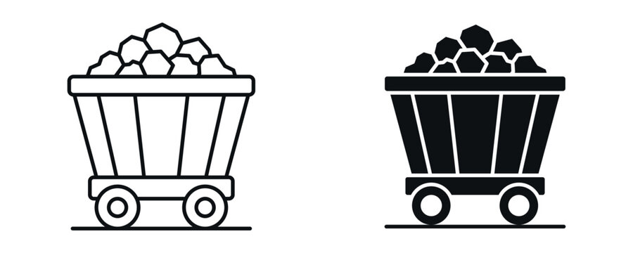 Mining cart icon set, coal mining and resource transport concept in line and solid style. vector illustration.