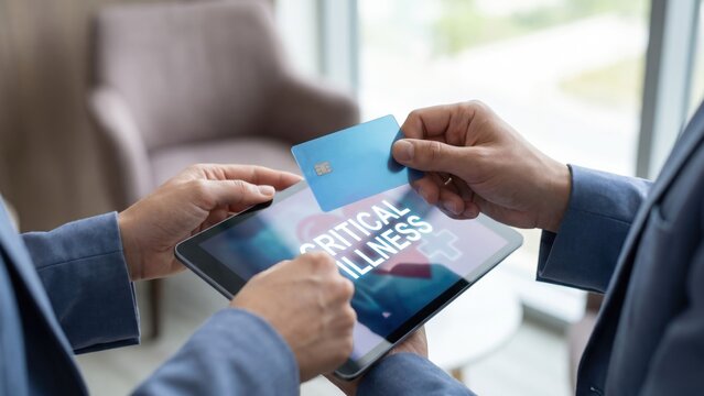 Digital Health Card for Critical Illness Coverage with Tablet and Medical Abstract