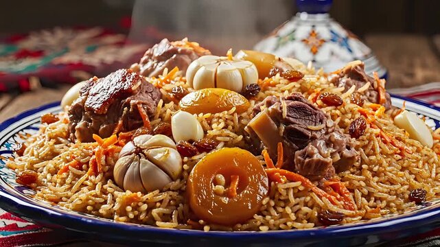 Delicious Central Asian Pilaf with Meat and Dried Fruits.