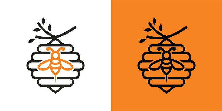 Beehive logo design with a bee and branch simple and clean.