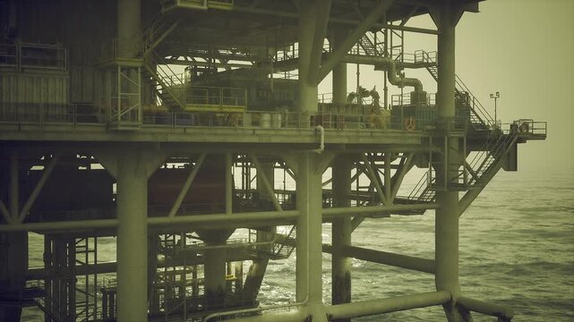 Industrial support structures featuring bolted joints and crossbeams. Closeup of offshore platform support elements including flanges and engineered connections